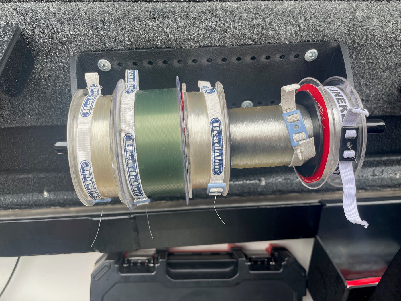 boat mounted fishing line spooler loaded holder lets spools spin for controlled leader retrieval without removing the spool or losing tension SH-123C - Elec-Tra-Mate